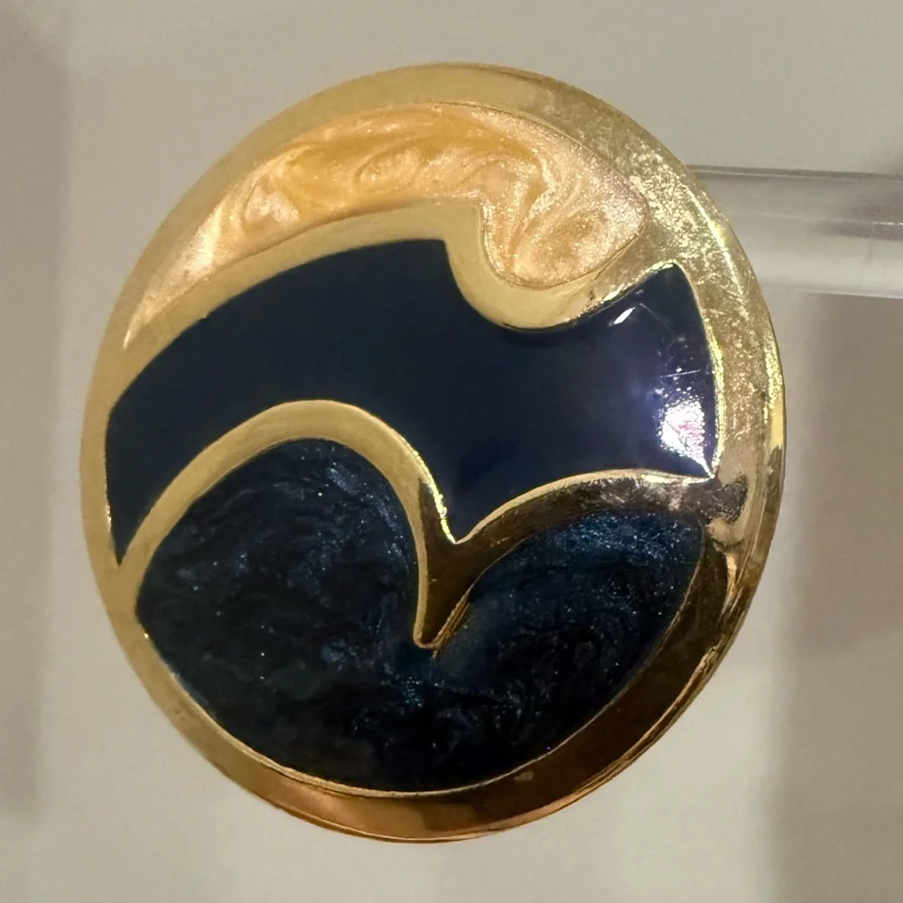 Vintage Large Enamel Circle Earrings - Blue and Champagne Color